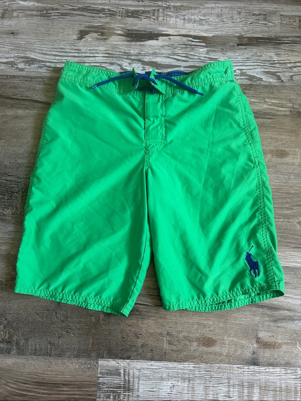 Boys Polo by Ralph Lauren Neon Green Swim Trunks with Blue Logo medium